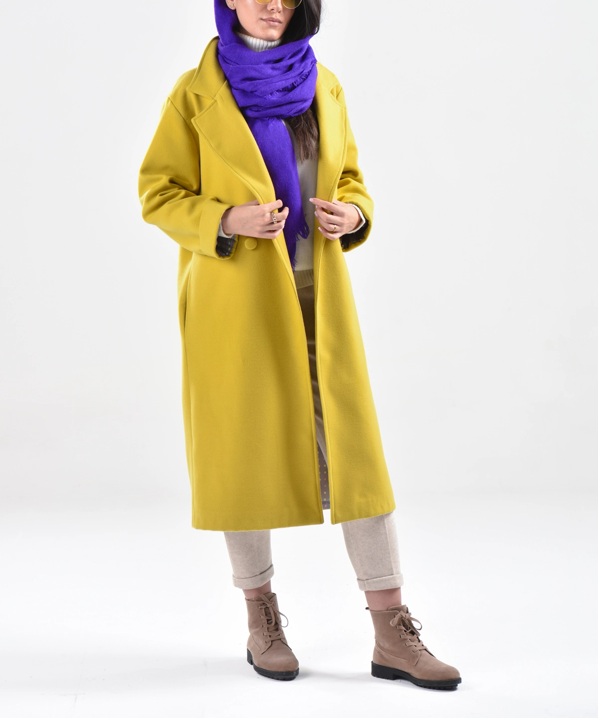 پالتو بلند یقه انگلیسی مدل اورانوس زرد