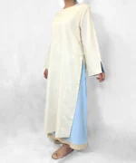 پیراهن کتان آبی بلند جلو بسته مدل بهسا